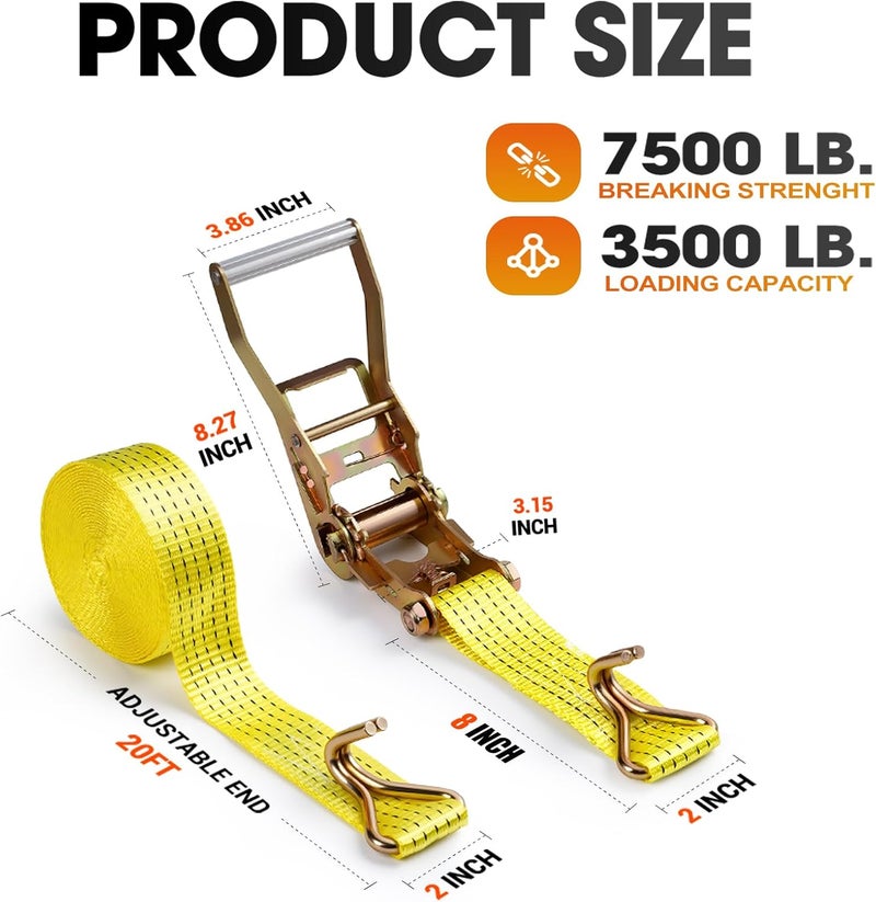 EVANCENT 2Pack Ratchet Straps Heavy Duty-2 Inch x 20 Feet(7,500lb Break Strength), Tie-Down Ratcheting with J-Hook Cargo Straps Tiedown Ratchet for Moving and Transports with Trailers, Pickup, Flatbed Trucks - Image 2
